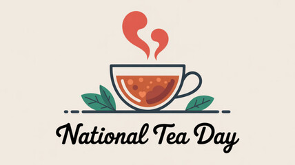 Obraz premium Steaming cup of tea with leaves on national tea day celebration background