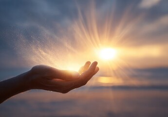 Hand reaching for the sun at sunset, symbolizing hope and spirituality.