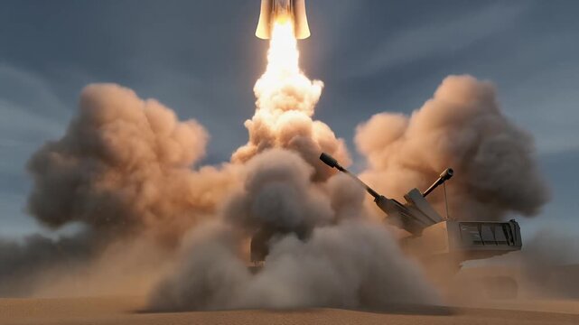 Rocket launching from desert site with military vehicles at dawn.