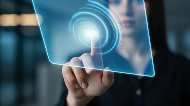 A woman interacts with a futuristic transparent screen displaying a glowing blue button