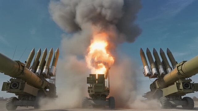 Triple rocket artillery launchers firing dramatic salvo sequence.