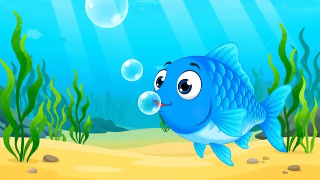 A blue cartoon fish blowing bubbles while swimming on a sandy ocean floor with seaweed and rocks under sunny water.