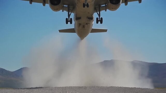 Aircraft takes off from desert gravel runway raising dust clouds.