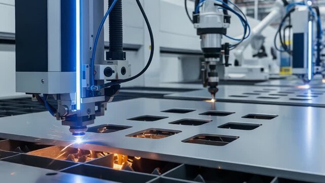 A machine cuts through a metal sheet with sparks flying everywhere in a factory setting