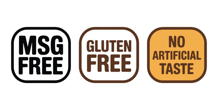 Three food labels indicating MSG free, gluten free, and no artificial taste on a white background