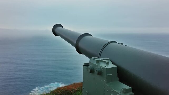 Slow approach to historic coastal cannon overlooking ocean.