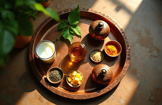 Hindu religious ritual offerings on copper tray. Panchamrit ingredients like milk, honey, curd, sugar, turmeric, herbs used for puja. Bilva leaves garnish.