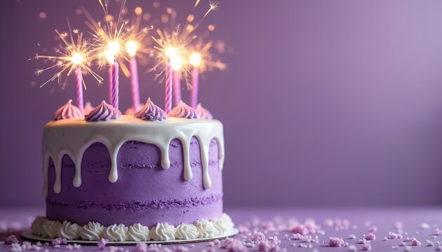 Purple birthday cake with white frosting and pink swirls, lit by sparkler candles. Celebrate special occasion with festive dessert, create sweet party memories and enjoy sugary treat.
