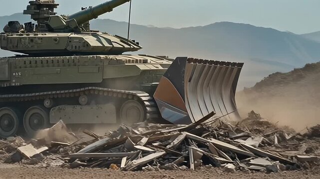 Armored tank with dozer blade clears debris in desert landscape.