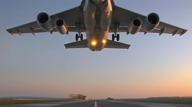 Widebody jet airliner lifting off runway at dawn front perspective.