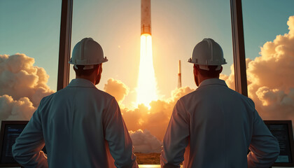 Fototapeta premium Two scientists in hard hats watch rocket launch from control room. They monitor mission progress as bright flame ascends into sky with clouds. Back view of men in lab coats.