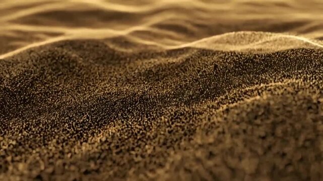 Hyper-realistic 4K abstract simulation of microscopic digital sand particles forming massive flowing dunes, waves moving like a fluid landscape under soft golden lighting, 