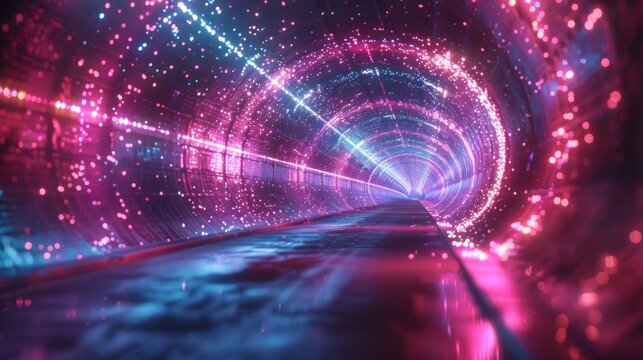 Virtual Pathway Lighting, Craft a captivating scene featuring virtual light pathways leading to a digital convergence.