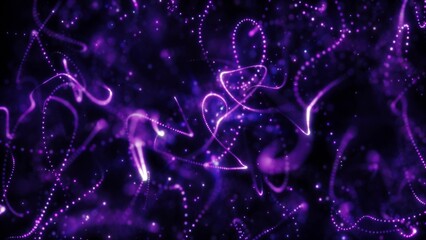 Abstract glowing purple lines swirling through dark space, creating an energetic digital visual with particles and light trails © Bolbik