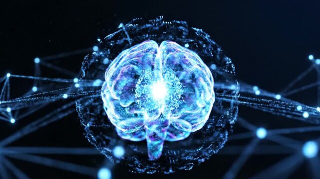 Conceptual digital visualization of an AI brain and neural network, illustrating advanced machine learning, data processing, and cognitive computing for future technology, innovation, and smart...