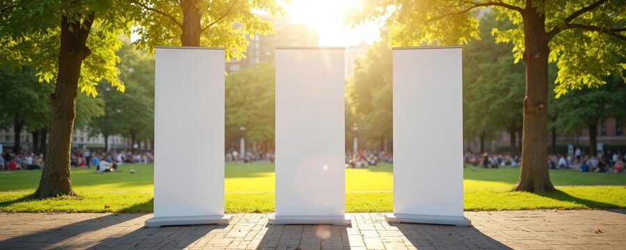 Three blank roll up banners stand in sunny park green grass lawn. Outdoor event promotion or exhibition space. Blurred people gather in background. Copy space for ad.