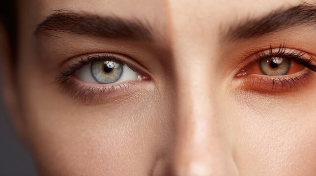 Split screen composition of a healthy blue eye and a tired red-toned eye, showcasing contrasting visual attributes and skin textures