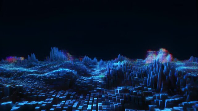 暗闇のサイバー空間に広がる青い電流と崩壊ピクセルのグリッチ波デジタル背景