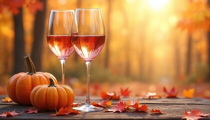 Naklejka premium Two glasses with rose wine sit on rustic wood table next to pumpkins and fall leaves. Warm autumn sunlight filters through trees creating cozy atmosphere for harvest season celebration.
