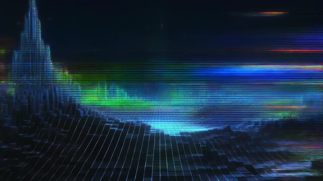暗闇のサイバー空間に広がる青い電流と崩壊ピクセルのグリッチ波デジタル背景