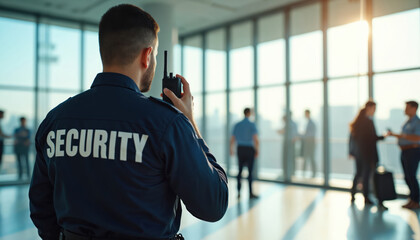 Fototapeta na wymiar Security guard in uniform speaks on walkie talkie. He patrols modern office building hallway. People walk past in background. Sun shines through large windows.