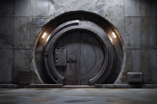 Heavy underground bunker entrance with round steel safe-style door embedded in concrete wall.