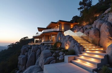 Fototapeta premium Modern cliffside mansion with glass railings and illuminated stairs. Home integrates with rocky terrain, offering expansive views at dusk. Luxury estate blends architecture and nature seamlessly.