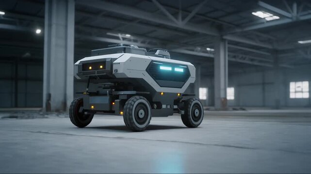 Autonomous robotic rover explores empty industrial warehouse.