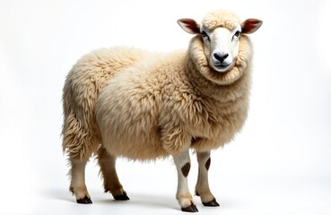 Fototapeta premium Cream colored sheep stands isolated on white backdrop. This farm animal has woolly coat and dark spots on its legs. Healthy mammal looks toward viewer.