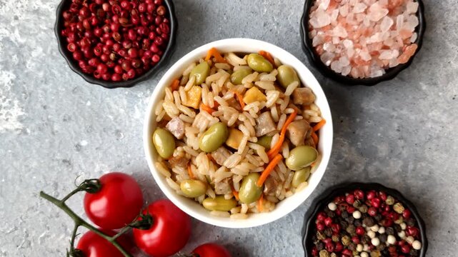 Asian food with rice, edamame, carrots, tofu, and spices. Rice with edamame and carrots as a food background for your design