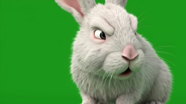 Angry 3D White Easter Bunny with Grumpy Pout Expression on Green Screen