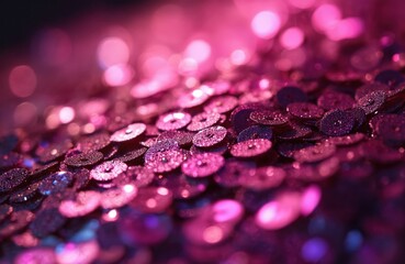Obraz premium Close up of pink, purple shiny sequins scattered, creating festive, celebratory mood. Abstract bokeh background adds dreamy, magical effect. Ideal for fashion, party, holiday themes. Background