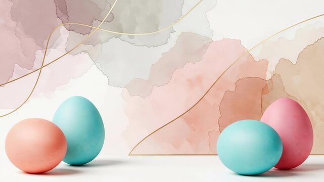 Pastel colored Easter eggs on a light background. Minimalist holiday spring design for greeting card or banner. Fun celebration render.