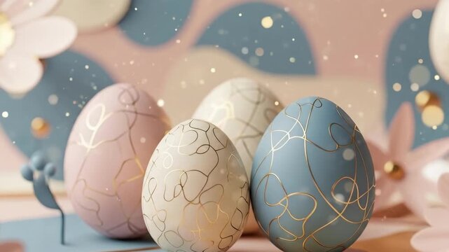 Decorated Easter eggs with ornate patterns sit among delicate paper flowers. Spring holiday celebration and abstract design for greeting card.