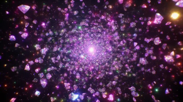 中央から広がる宝石のようなクリスタル粒子が輝く幻想的で上品な光の背景表現
