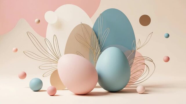 Pink and blue Easter eggs with abstract shapes and golden wire foliage, a spring holiday decor design for greeting card or banner
