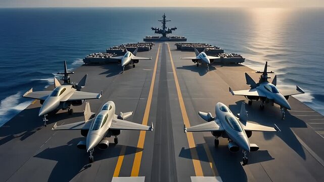 Fighter jets lined on aircraft carrier deck at sea.