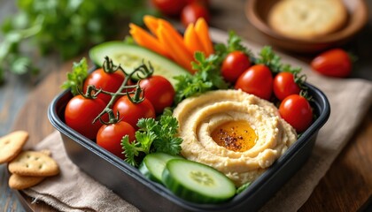 Healthy vegan bento box with creamy hummus, fresh cherry tomatoes, crisp cucumber slices, carrot sticks. Served with breadsticks, crackers for nutritious, portable meal snack. Appealing colours,