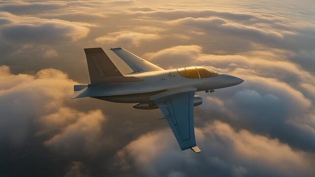 Modern fighter jet soaring above golden clouds at sunrise.