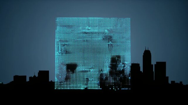 点描粒子が崩れて再構築する未来都市シルエットの抽象デジタル背景