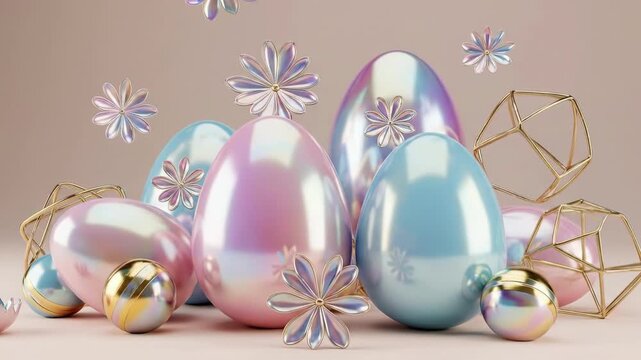 Pastel Easter eggs and decorative elements with iridescent flowers arranged for spring holiday celebration. Background for Easter greeting card.