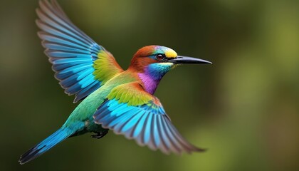 Obraz premium Lilac-breasted roller bird flies with spread wings showing vibrant colorful plumage. Small wild creature in natural outdoor habitat has blue green feathers.