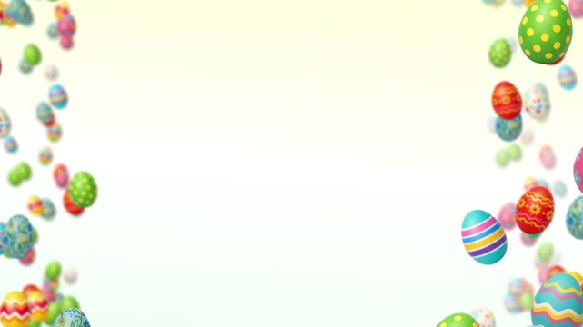 4K 16:9 Slow Animation of Colorful Patterned Easter Eggs Floating Upward on Edges with Clear Center Copy Space for Holiday Promos, YouTube, and Social Media.
