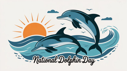 Obraz premium National dolphin day illustration featuring two dolphins jumping in ocean waves with sun and clouds in the background symbolizing marine life conservation