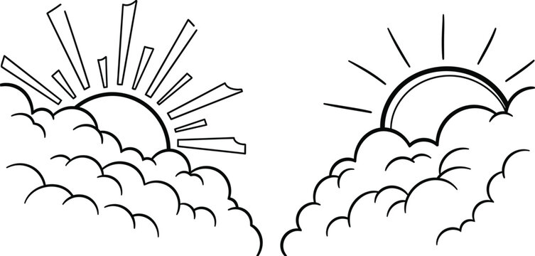 Sun and rainbow coloring page for kids with clouds