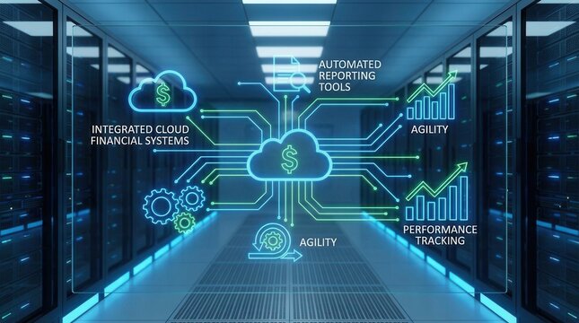 Corporate digital transformation concept featuring integrated cloud financial systems and automated reporting tools for enhanced organizational agility and performance tracking. no human,no face,