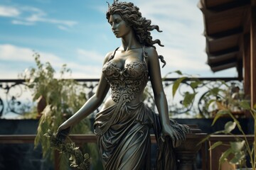 Obraz premium A statue of a woman holding a flower. Suitable for garden decor or artistic projects.