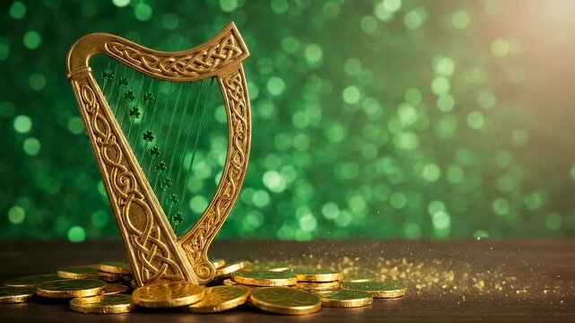 Saint Patrick's Day Golden harp stands on a mound of gold coins against a shimmering green backdrop, enhancing the festive mood for cultural celebrations and gatherings
