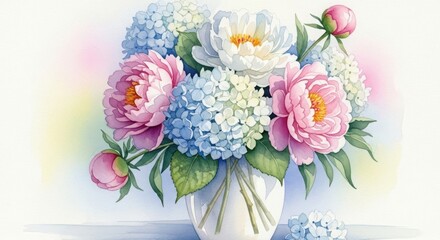 Fototapeta premium Watercolor Pink Peonies and Blue Hydrangeas in White Vase