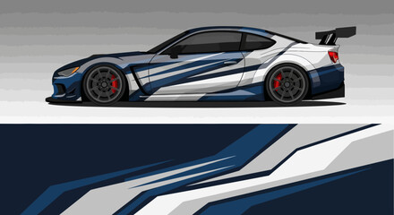Naklejka premium Dynamic blue and white race car illustration with bold angular graphics and speed lines.